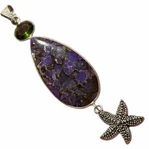 Sterling Silver Plate Purple Jasper & Green Gemstone Starfish Pendant